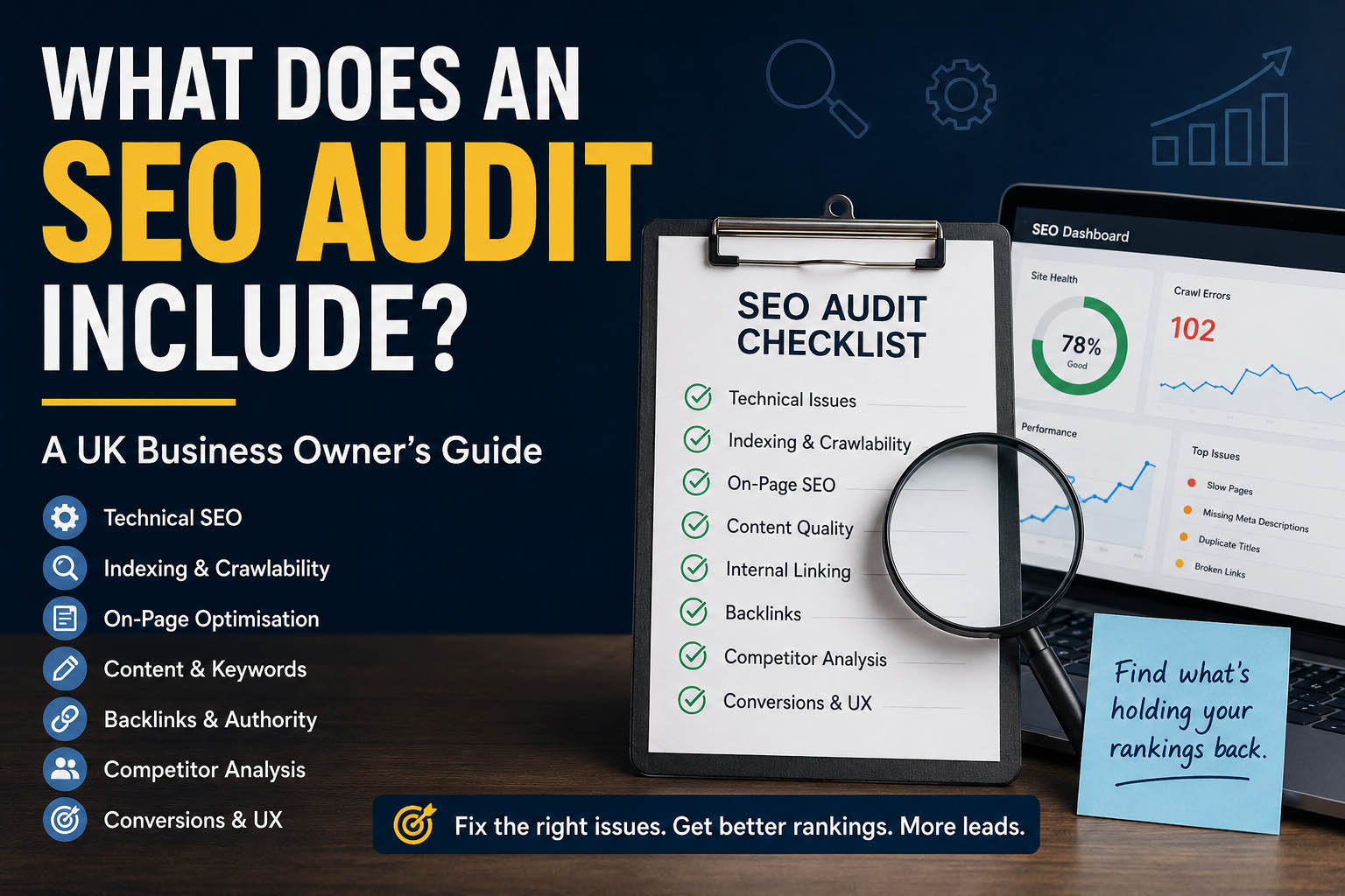 SEO audit checklist showing website ranking issues and technical SEO problems