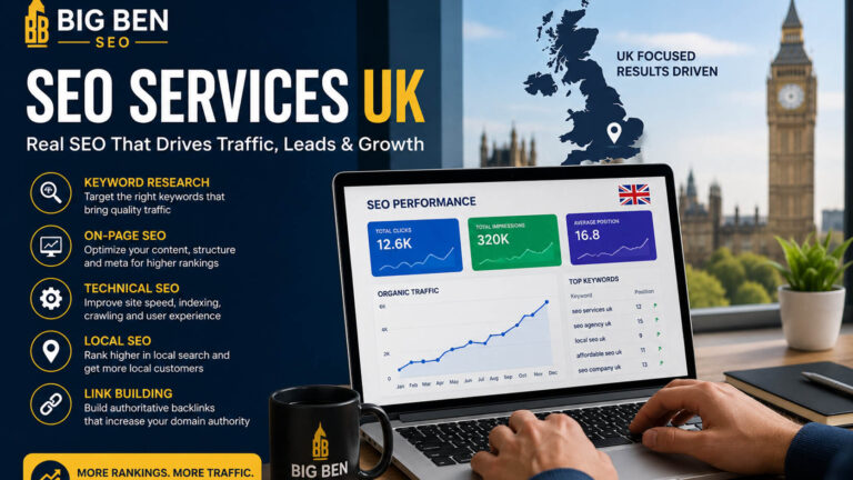 UK business owner discussing SEO strategy on laptop, charts showing ranking growth, modern office environment, digital marketing concept, blue and yellow theme, clean and professional