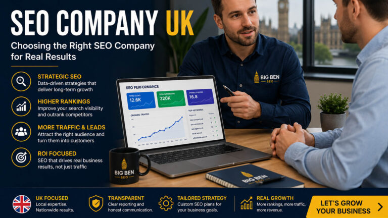 UK business owner discussing with SEO consultant, laptop showing ranking growth charts, modern office setting, professional environment, blue and yellow branding, digital marketing theme