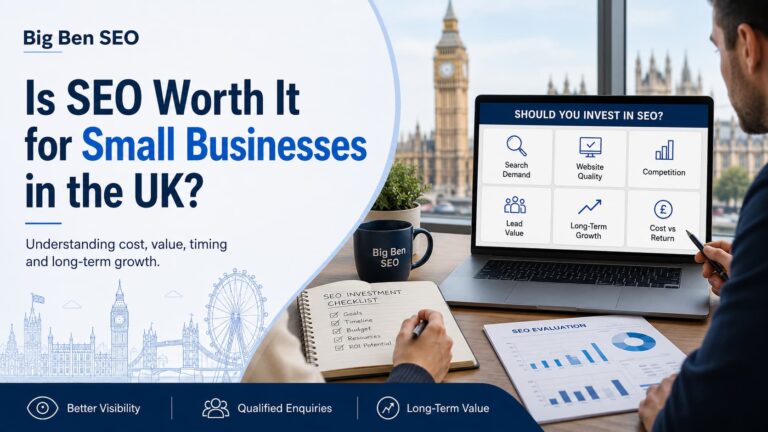 Small business owner assessing whether SEO services are worth the investment in the UK